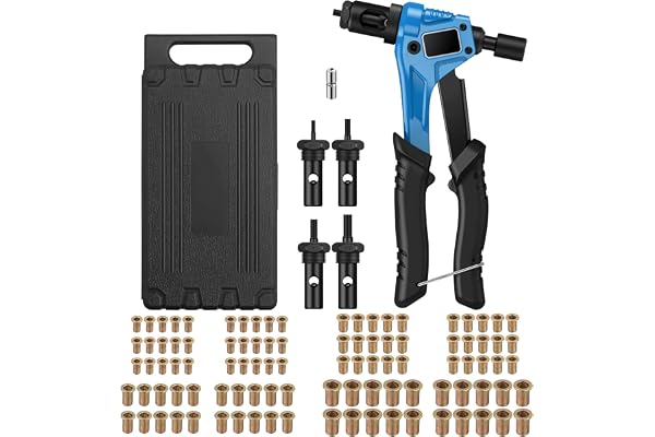 AUTOUTLET Kit de 8" Pince Ecrou a Riveter Pistolet à Ecrou Rivets avec Mandrins M3 M4 M5 M6 et 100PCS Rivets Outils de Rivetage pour Riveteuse à Main Mini Riveteuse à Ecrou avec Boîte à Outils Bleu