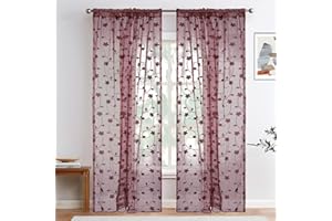 ‎BUHUA BUHUA Voile Vorhänge Halbtransparent Vorhang Stickerei Gardinen mit Stangendurchzug Gardinenschals im Blätter Blumen Muster für Wohnzimmer Dekor 2er Set, 245x140cm (HxB) Burgund