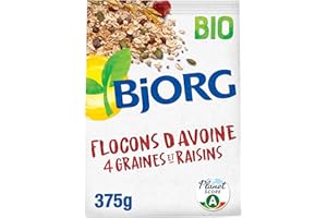 BJORG - Flocons d'Avoine Bio 4 Graines et Raisin - Céréales Complètes - Sans Sucres Ajoutés - 375 g