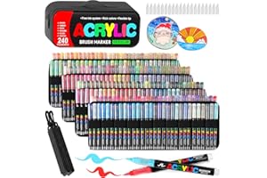 Laconile 240 Marqueurs Acryliques à Pointe Pinceau - Trousse Portable, Nuancier de Couleurs & 20 Pointes de Rechange, Feutre Acrylique Liquide Direct - Idéal pour Verre, Céramique, Pierre, Coloriage