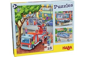 HABA Feuerwehr-Puzzle – 3-teiliges Set für Kinder ab 3 Jahren, Papp-Puzzle mit Polizei- und Rettungswagen-Motiven – Fördert Feinmotorik und Konzentration – 1302759001