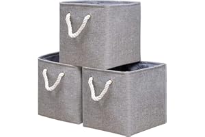 Yawinhe Foldable Storage Basket 3 Pack, Collapsible Linen Fabric Storage Bins with Rope Handles, Wardrobe Organiser, for Sorting Clothes, Family Items, 28x28x28cm, Grey, SNK004GS