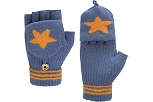 FAXIANTHER Guanti invernali caldi convertibili flip top guanti per bambini studenti elementari scrittura a maglia stella a cinque punte guanti mezze dita con copertura patta ciclismo corsa 5-10 anni ragazzi