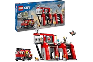 LEGO City Remiza strażacka z wozem strażackim, Zestaw z Pojazdem Ratunkowym dla 6-latka, Chłopca i Dziewczynki, 5 Minifigurek i Figurka Psa, Kreatywne Zabawki do Zbudowania, Prezent Urodzinowy, 60414