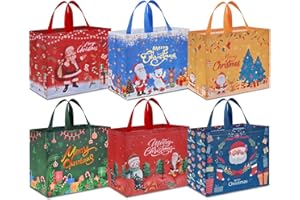 AhfuLife 6pcs Grandi Borsa Regalo di Natale, 36×40×15cm, Sacchetti di Natale Riutilizzabile in Tessuto Non Tessuto, Borse per la Spesa Natalizi, Sacchetti con Manico per Confezioni di Regali