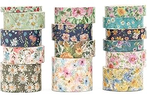 Songdao 15 rollos Flores Washi Tape Set, Artes de la flor Cinta Adhesivo Decorativo Floral Masking Tapes para Artes, Bullet Journal, Scrapbooking, Bricolaje (1 prado de primavera)