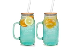 ANOTION Mason Pot Avec Poignée - Verre À Boire Coloré Verres À Boire Colorés Avec Couvercle Et Paille Set De 2 Pièces