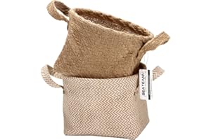 Sea Team Storage Paniers Organizer Box Bins in Jute and Cotton Linen Pliable with Handle Decorative for Home Toiletry Stationery Sundries Toys Jewerly Color Beige 14 * 17 * 16CM 2PCS