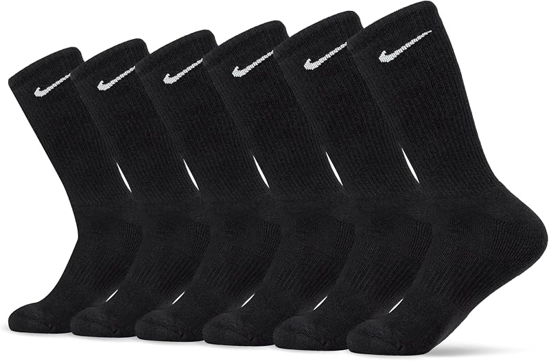 Nike Unisex Everyday Cushioned Training Crew Socks (6 Pairs), Black/White, Large