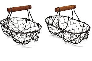 CVHOMEDECO. Cestini per uova in filo di pollo, con manico in legno, stile country, stile vintage, set di 2 pezzi (ovale)