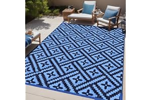 Momooda Alfombra de exterior geométrica de paja de plástico, protección UV, alfombra de terraza reversible, lavable, impermeable, para camping, jardín, para balcón, caravana, color negro y azul, 274 x