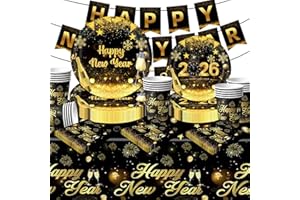 Antsparty 2026 Silvester Partygeschirr für 20 Gäste, 82 Stück Neujahr Partygeschirr mit Silvester Pappteller Pappbecher Servietten Tischdecke Banner, Happy New Year 2026 Party Deko Supply