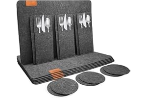 ‎SHINFLY shinfly Tischsets Abwaschbar Platzsets aus Filz 18er Set, Abwischbar Tischsets, Hitzebeständig rutschfest Platzdeckchen mit Untersetzer, BestecksäCken für Küche, Speisetisch, 44x31cm【Anthrazit】