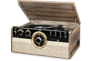 Victrola Empire Mid-Century - Tocadiscos 6 en 1 con reproductor de discos de 3 velocidades, conectividad Bluetooth, radio, casete y reproductor de CD (nogal falso)