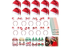GSrenyu 40 Pcs Christmas Headwear Set,Christmas Santa Hat with Headbands Glasses and Stickers,Snowman Tree Reindeer Antlers Xmas Costume Headwear for Party Favors