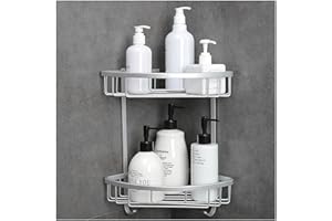 GRICOL Etagère de Douche d'angle sans Perçage Métal Rangement Salle de Bain Autocollant Rangement Douche Antirouille avec 2 Crochets pour Salle de Bains 2 Niveaux Argent