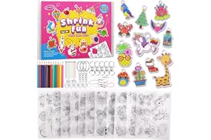 Funtopia Heat Shrink Plastic Sheets Kit,75 Pre-Cut Shrink Paper Craft Keychain Making Kit for Kids, 12 Themes DIY Shrink Art Plastic Sheets with Charms & Keychains Accessories for Girls and Boys