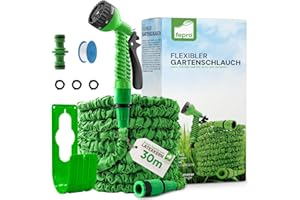 Fepro® Flexibler Gartenschlauch mit 7 Funktion max. 30m basic, Wasserschlauch flexibel mit 3-Fach Latexkern inkl. Adapter für 1/2' 3/4' Zoll und Wandhalterung, dehnbarer flexiSchlauch