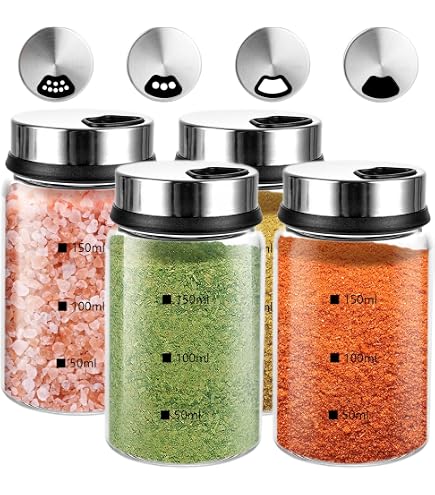 Lot De 4 Pots à Épices En Verre Borosilicate 150ml - Avec 3 Trous Réglables - Parfaits Pour Cuisine Et BBQ