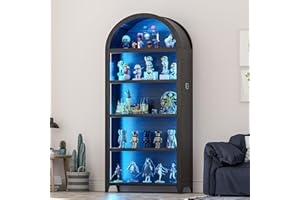 OUTDOOR DOIT 69" Tall Arched Display Cabinets with 3 Color Lights for Collectibles books toys,5-Tier Tall Bookcase Cupboard with Human Body Sensor for living room,bedroom