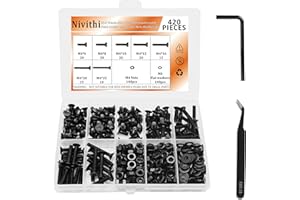 Nivithi Vis M4 Noires à Tête Hexagonale Fraisée - 420 Pièces, Acier au Carbone 10.9, Visserie Boulonnerie, Vis et Boulon, M4x6/8/10/12/16/20/25mm pour Meubles et Réparations