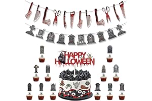 FALAFOTY Halloween Decorazione di Feste Happy Halloween Torta Topper Coltello di Sangue e Lapide Banner Ragno Cupcake Topper Decorazione a Tema Horror di Halloween per Compleanno Forniture per Feste