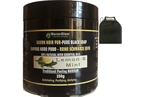 Savon Noir Gommage 250g + Gant kessa OFFERT_Huile d'Olive BIO enrichi aux huiles essentielles menthe et citron, gommage rafraichissant Hammam et SPA: Exfoliant - Purifiant- hydratant MAROC GLAM