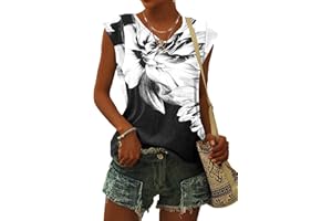 WNEEDU Damen-T-Shirt mit Flügelärmeln Sommer-Tanktop schlicht lässig lockere Passform Blusen