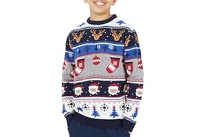 NOROZE Kids Unisex Festive Christmas Jumper – Reindeer Moose Fair Isle with Baubles Stockings & Santa Christmas Tree Snowflakes, Soft Nordic Winter Knit Sweater for Girls & Boys Holiday Xmas Jumper