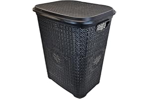 BEST HOUSE ANOTHER FINE PRODUCT Best House | 65L Laundry Basket with Lid | BLACK | 65 Litres | Large | Plastic Hamper | Knitted/Rattan Style | Clothes Storage Washing Bin Basket Hamper for Bathroom Bedroom (Pack of 1)