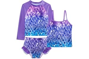 Belovecol Girls Swimming Costume 3-Piece Bathing Suit Long Sleeve Swimsuit with Ruffle Shorts Tankini Sets Beachwear 4-10 Years