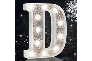 HEYCOLOR LED Marquee Letter Lights, Light Up Silver Letters for Bedroom Glitter Gifts for Teenage Girls Alphabet Letter Sign Battery Powered Night Light Birthday Party Wedding Home Decoration, Silver Letter D