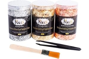 KINNO Imitation Gold Flocken Set Dekorfolie zum Basteln Künstlerbedarf zum Vergolden Malerei und DIY Kunsthandwerk Gold+Silber+Rot.(Mit Pinzette und Pinsel)