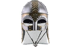 ‎BATTLE-MERCHANT Battle-Merchant Brillenhelm Beowulf mit Wangenklappen und Kettenbrünne mit verstellbarem Lederinlay - Wikingerhelm aus Stahl für Erwachsene