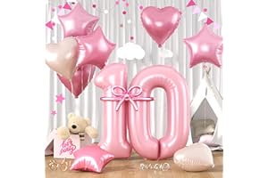 PAREADY Pastel Pink 10 Balloons, Baby Pink 10th 10 Number Balloons Set, Pink Foil Star Heart Balloon With Long Balloon For Girls Princess 10th 10 years old Birthday Party 1st Baby Shower Decorations