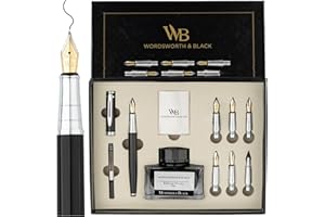 ‎WORDSWORTH & BLACK Wordsworth & Black Kalligraphie-Stift, Geschenkset, inklusive Tintenflasche, 6 Tintenpatronen, 1 Tinten-Nachfüllkonverter, 6 Ersatzspitzen, Premium-Paket, Journaling, [Schwarz Chrom]