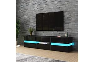 T AUNTY STORE TV Units for Living Room, TV Stand Unit Black Matt Body High Gloss Front 2 Doors 1 Drawer TV Cabinet 177cm with RGB LED Light
