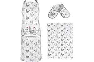 SPOTTED DOG GIFT COMPANY Tea Towel, Apron and Oven Gloves Set of 3, 100% Cotton Quality Chicken Themed Cooking Baking Kitchen Accessories, Chicken Gifts for Chicken Lovers Women Men