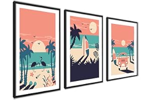 AG.ART DECO affiche ag.art déco 40x50 | Ensemble d'affiches tropicales pour décoration murale salon chambre à coucher | Impression d'art avec motifs de flamants roses palmiers et surf | 3x photos sans cadre