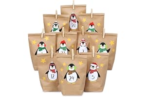 Papierdrachen Adventskalender 2025 zum Befüllen - Kraftpapier Set - mit braunen Papiertüten - Pinguine zum Aufkleben - inkl. Klammern - Weihnachten