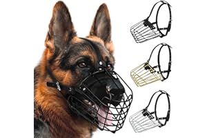BUDKAS Bozal de perro pastor alemán, cesta de metal para perros medianos y grandes, correas de cuero ajustables y duraderas, máscara de alambre seguro para morder, masticar, ladrar (negro, tamaño L)