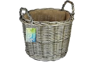 THE PESCARA COLLECTION Round Grey & Antiqued Wicker log baskets. Hessian lined. Wood & kindling storage for home hearths and fireplace. Large wood burner bin (Wicker Handle, 34 cm)