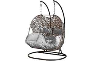 SunTime Brampton Luxury Rattan Wicker Outdoor Hanging Cocoon Egg Swing Chair with Grey Cushions (Double) with Cover