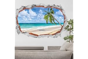 HPNIUB 3d Kaputter Wandaufkleber,90 * 60cm(BxH),Wandtattoo Wohnzimmer Landschaft,Selbstklebend Wandsticker Meer Baum Poster,Vinyl Wandaufkleber Durchbruch Deko für Wohn