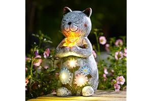 Yeomoo Dekoracja ogrodowa z motylami, solarna dekoracja ogrodowa do użytku na zewnątrz – figurki kotów, dekoracja solarna, zabawny kot, prezent dla kobiet, mamy, na urodziny, dla miłośników kotów,