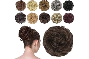 FESHFEN Chignon Postiche Cheveux Extensions Bouclés Ondulés Naturel Synthétique Chouchou Postiche de Cheval Faux Chignon Elastique pour Femme, 42g Chatain moyen