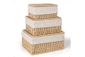 HUALIANG Kosz do przechowywania 3 sztuki, koszyków do przechowywania z pokrywką, pleciony kosz z liny papierowej, koszyki w stylu boho z podszewką, wielofunkcyjne pudełko do przechowywania (Khaki)