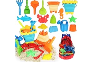 Elovien Beach Sand Toys, 24Pcs Sand Pit Toys with 2 Collapsible Buckets and Spade, Mesh Backpack Bag, Sand Molds and Watering Can, Summer Outdoor Toys for Kids Toddlers Boys Girls