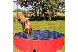 lionto Hundepool faltbar aus kratzfestem PVC-Material, Ø 120 cm, Höhe 30 cm, Anti-Rutsch-Belag & Abflussstopfen für schnelle Entleerung, Keine Pumpe benötigt, robuster Kinderpool, blau/rot
