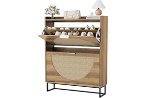 FiveWillowise Rattan Schuhschrank mit 2 Klappen, Freistehender Schuhkipper Schmaler mit Metallbeinen, Schuhregal Schuhaufbewahrung Holz Schuhkommode für Eingang, Flur, 80x24x102 cm
